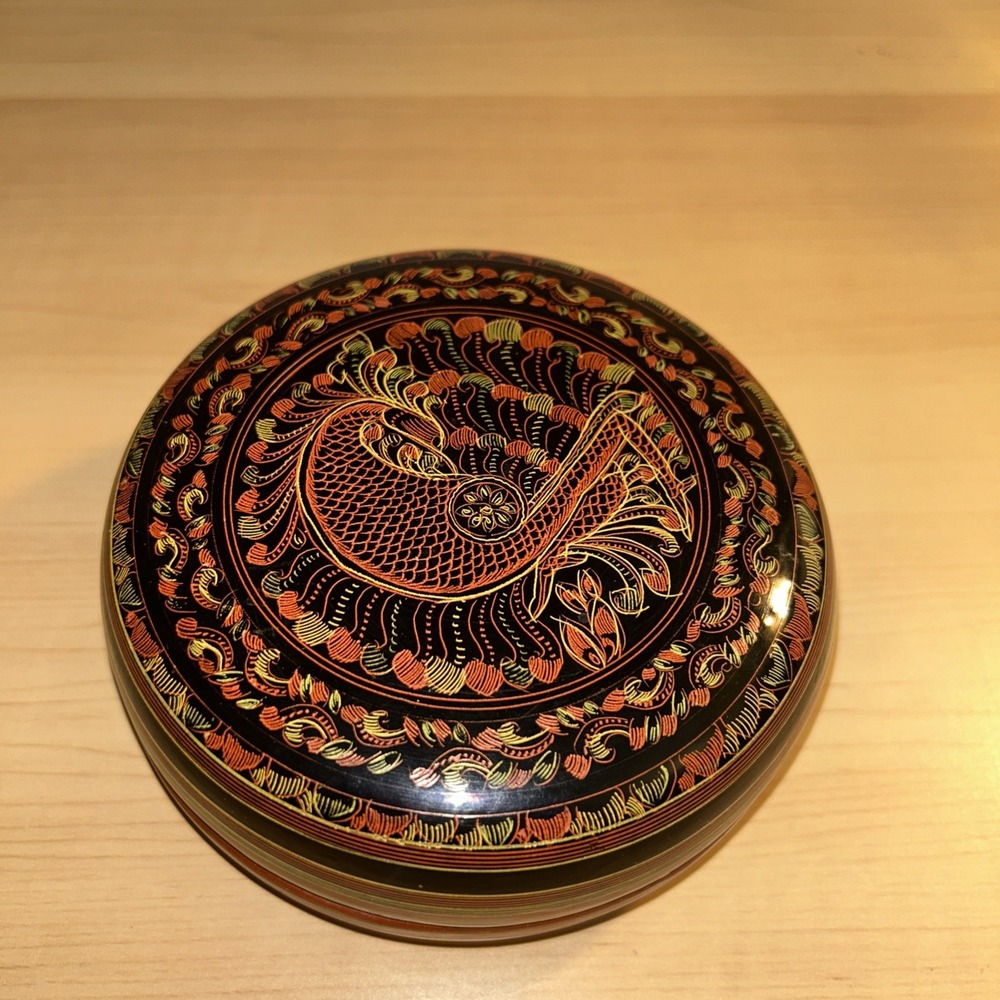 Vintage Round Hand Carved Lacquer Trinket Box
